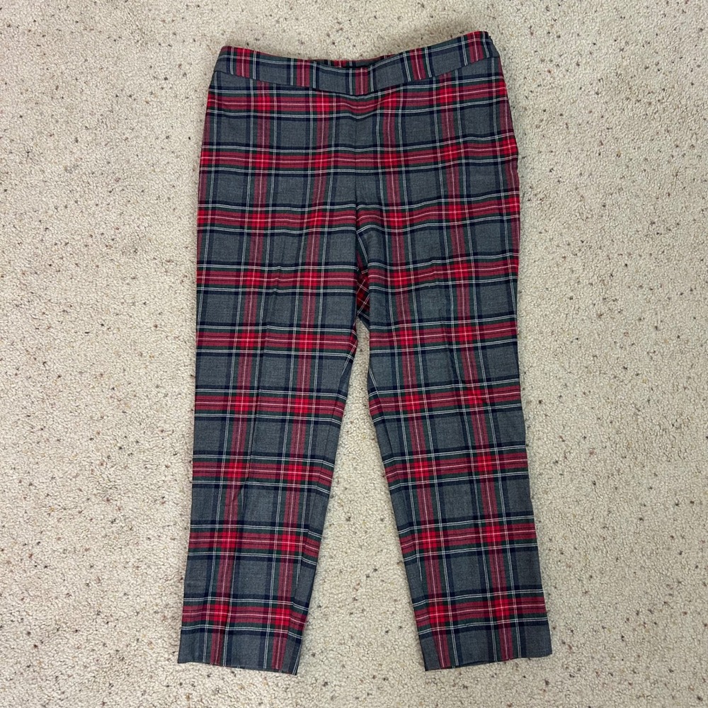 Talbots Slim Ankle Pant Grey Red Plaid Wool Blend Size 14 Petite Women'ss